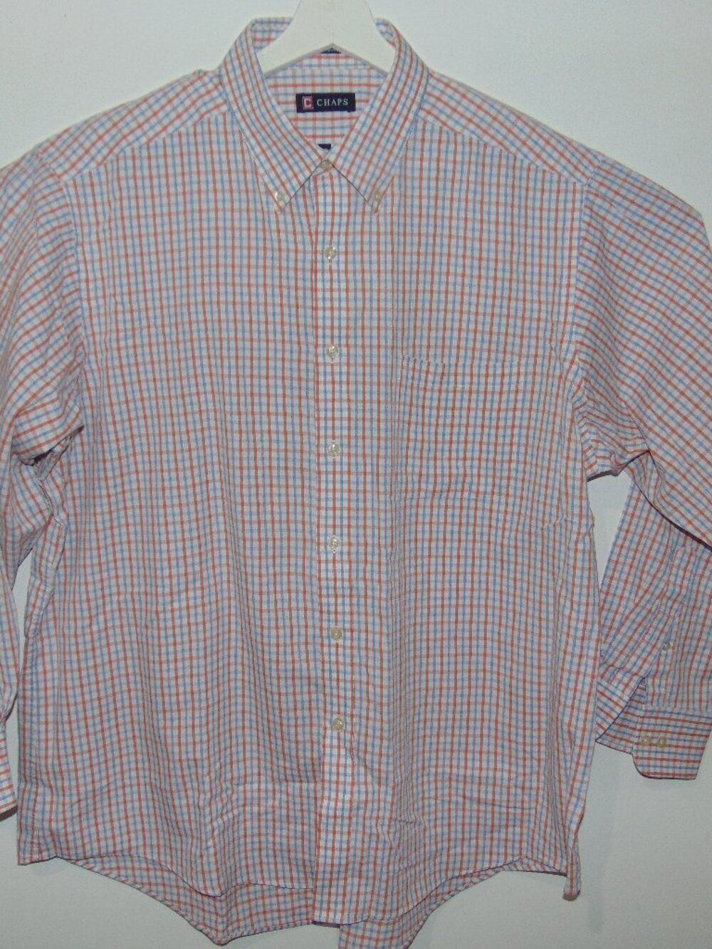 Chaps Men's Long Sleeve Button-Down Dress Shirt Size 17-17.5/34-35 White Check